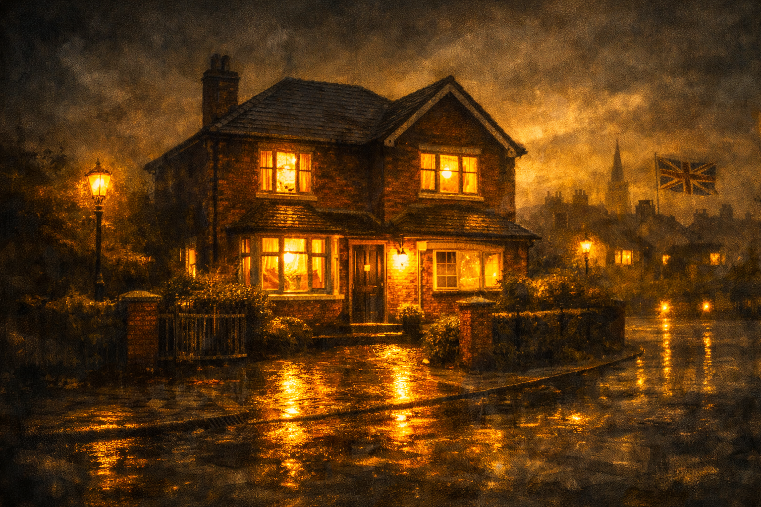A cozy brick house illuminated by warm yellow lights, reflecting off the wet street on a rainy night, with street lamps and a Union Jack flag in the background.