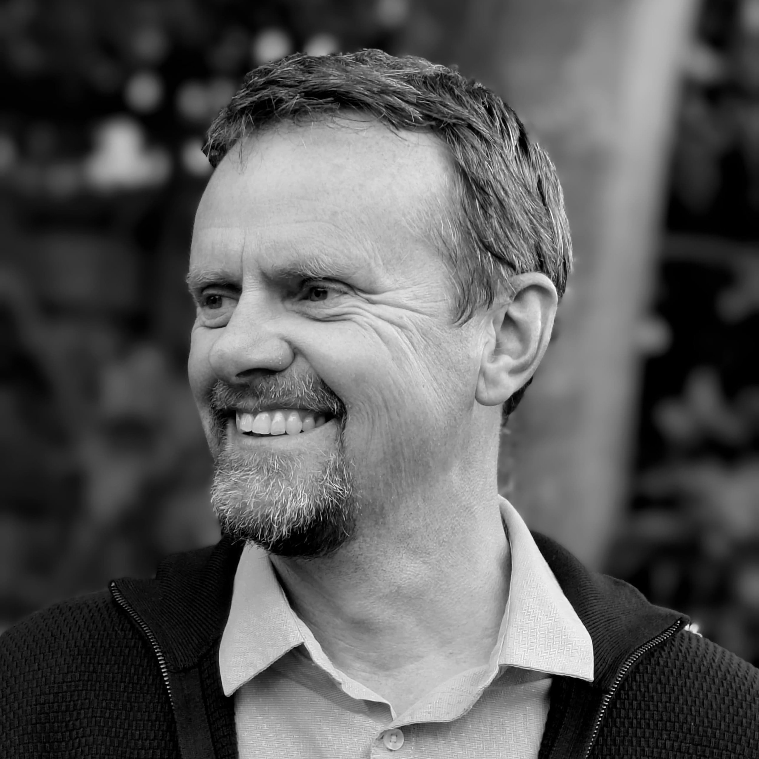 Black and white close-up photo of Gary Poyntz