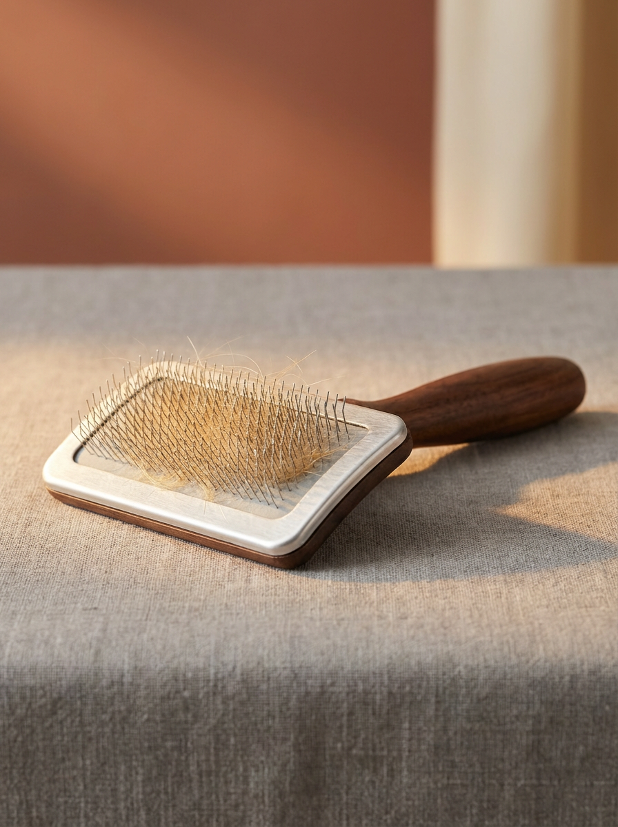 A cat sitter's pet grooming brush with a wooden handle and metal bristles on a beige fabric surface.