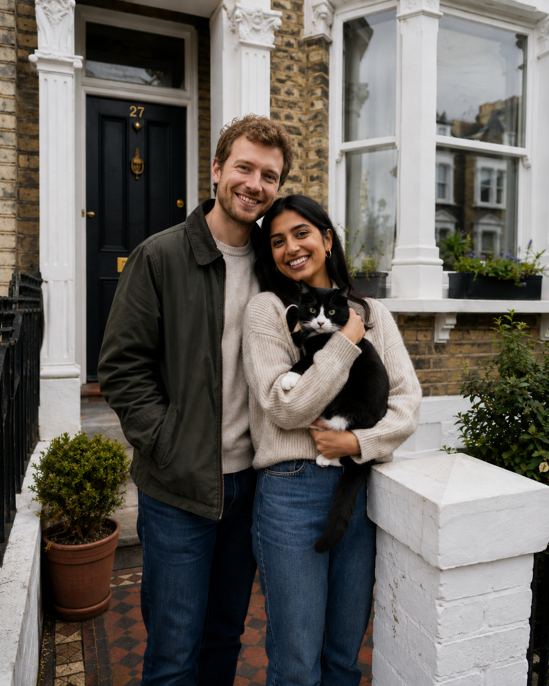 A smiling couple standing outside a brick house with a black door, white decorative columns, and a large window. The woman is holding a black and white cat, and they are both dressed casually.