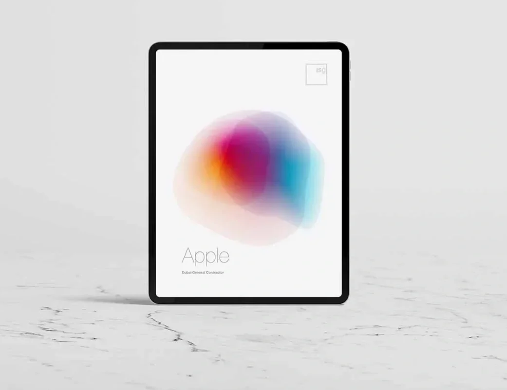 A tablet displaying a colorful abstract background with the Apple logo and text that reads "Apple, Dubai General Contractor".