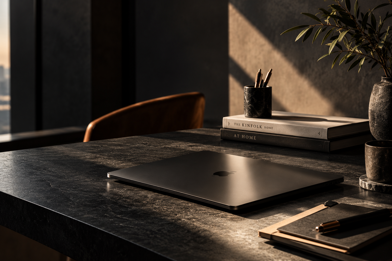 A sleek, closed black MacBook on a dark marble office desk with a gold pen, a notepad, and a potted plant with long green leaves in a textured vase. Sunlight casts shadows on the wall behind.