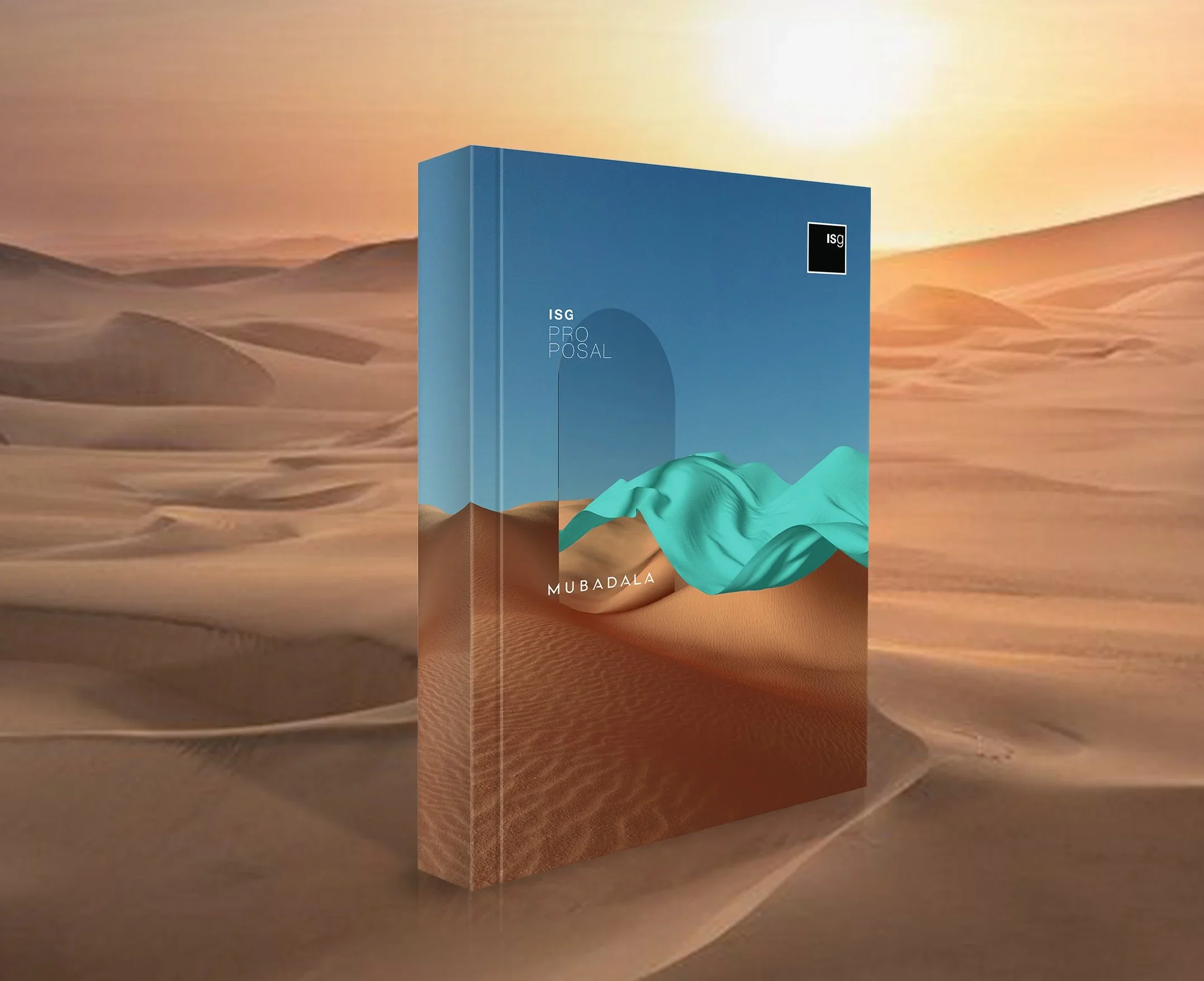 A desert landscape with sand dunes and a blue box labeled 'ISG PRO POSAL' placed on the sand.