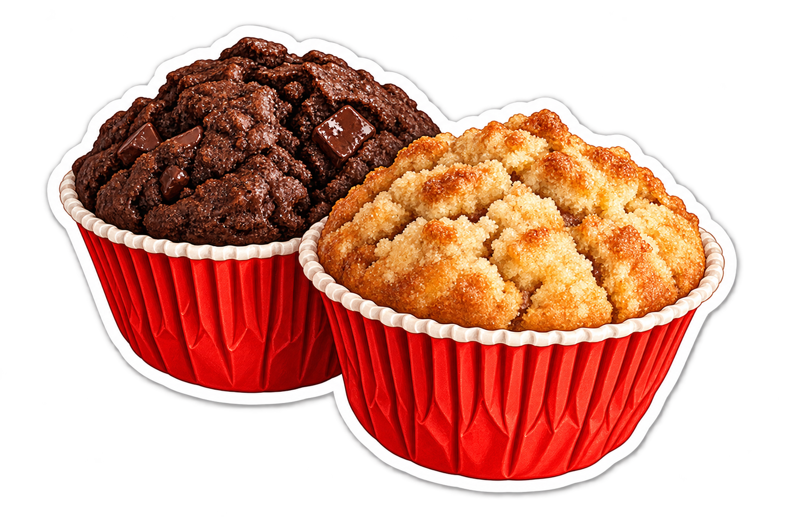 İki adet cupcake, biri çikolatalı ve diğeri vanilyalı, kırmızı ve beyaz çizgili kağıt kalıplarında.