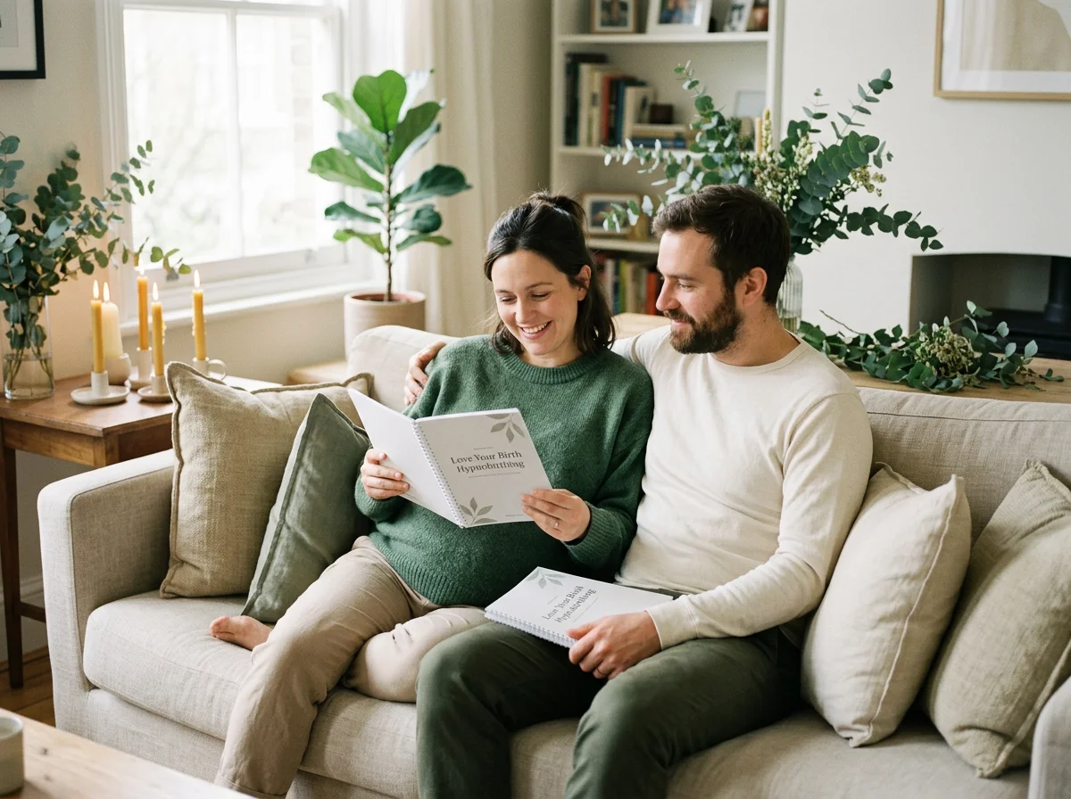 Couple reading Love Your Birth Hypnobirthing books together on a cozy sofa in a plant-filled living room