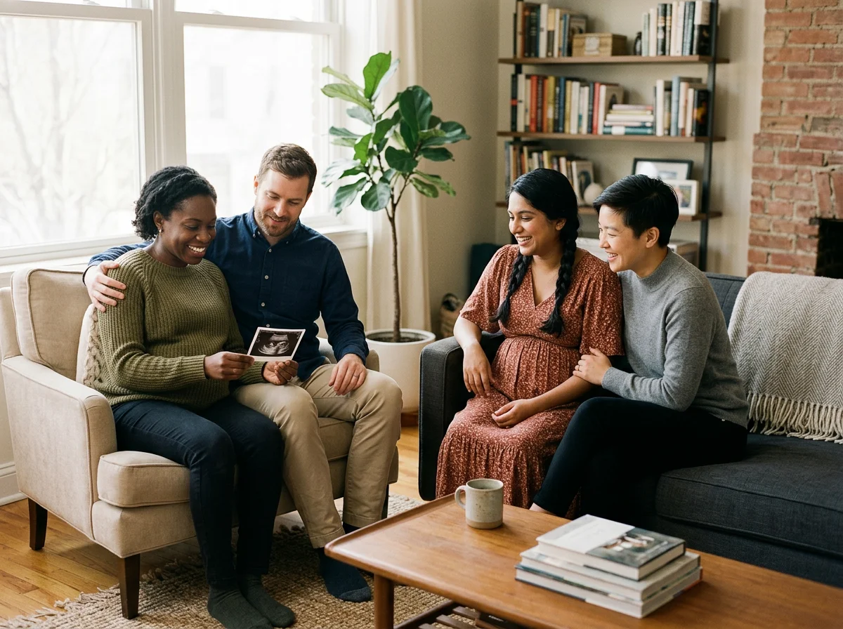 Two couples smiling together in a cozy living room, with one couple holding an ultrasound photo and another pregnant woman seated nearby.