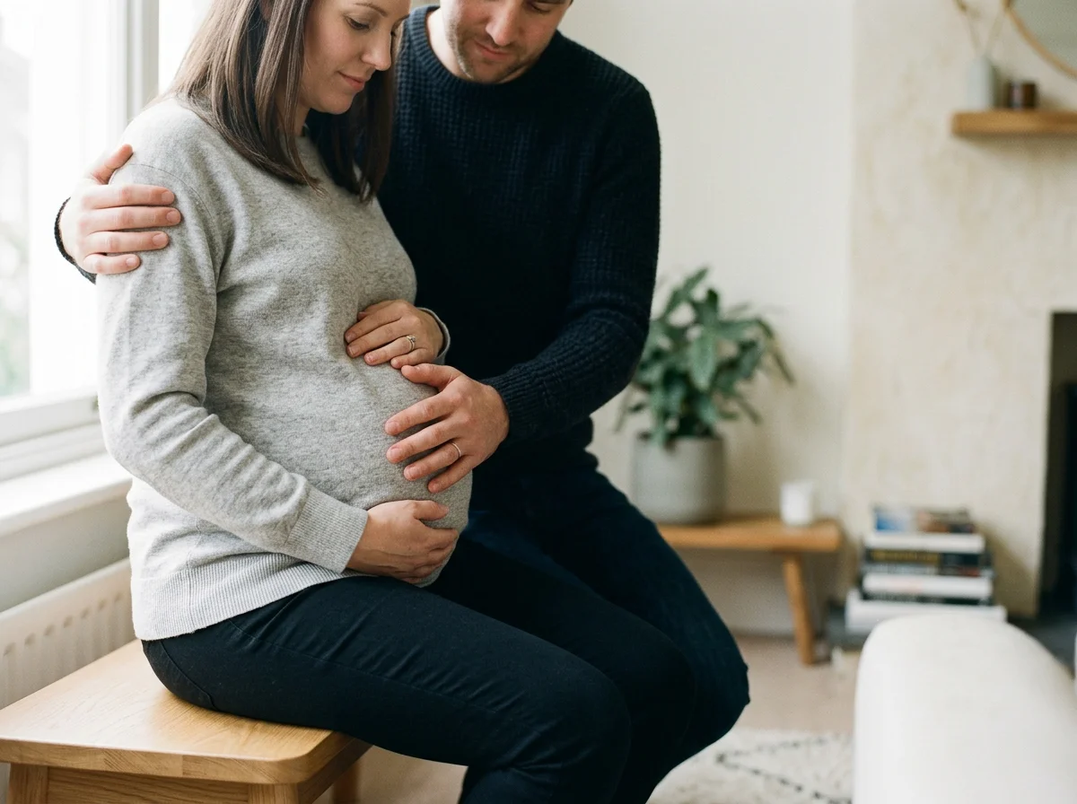 Pregnant woman sitting while her partner gently holds her belly at home