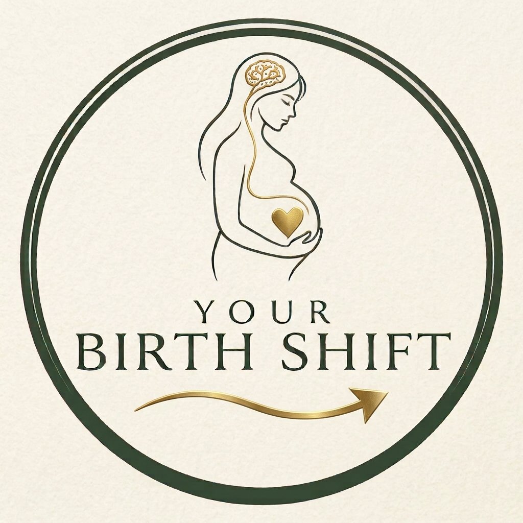 Circular “Your Birth Shift” logo featuring a pregnant woman with a brain illustration, gold heart on her belly, and curved gold arrow.