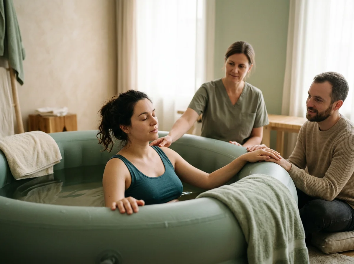 Woman laboring in a birthing pool with a midwife and partner providing support