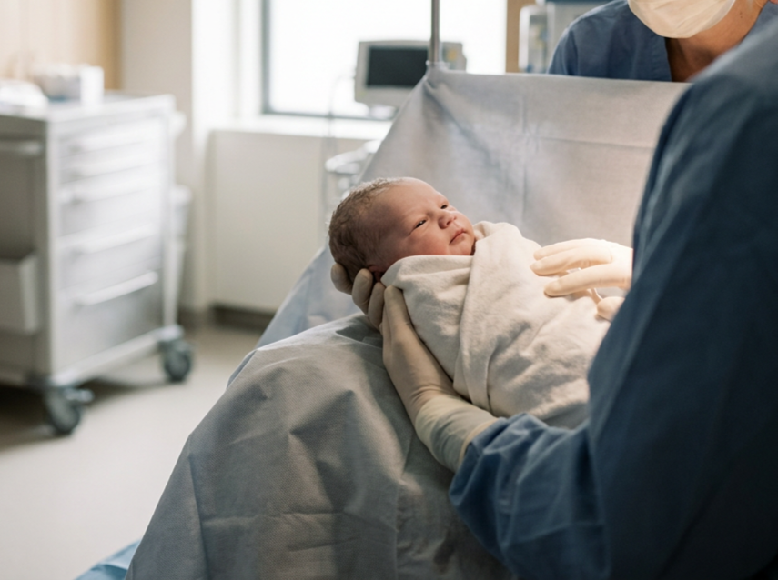 Healthcare professional holding a newborn baby in a hospital delivery room