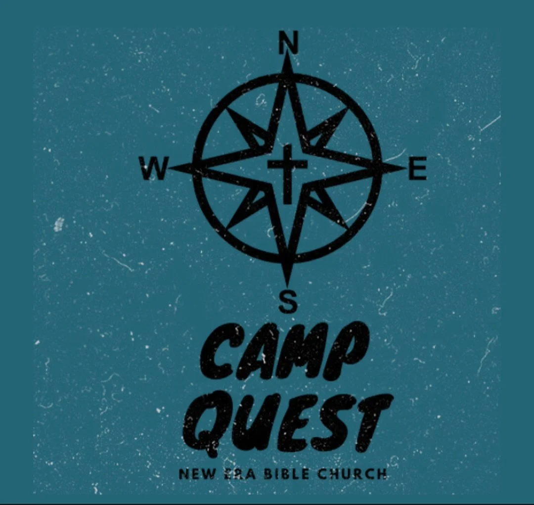 Compass graphic with north, south, east, and west labels above “Camp Quest” and “New Era Bible Church” text.