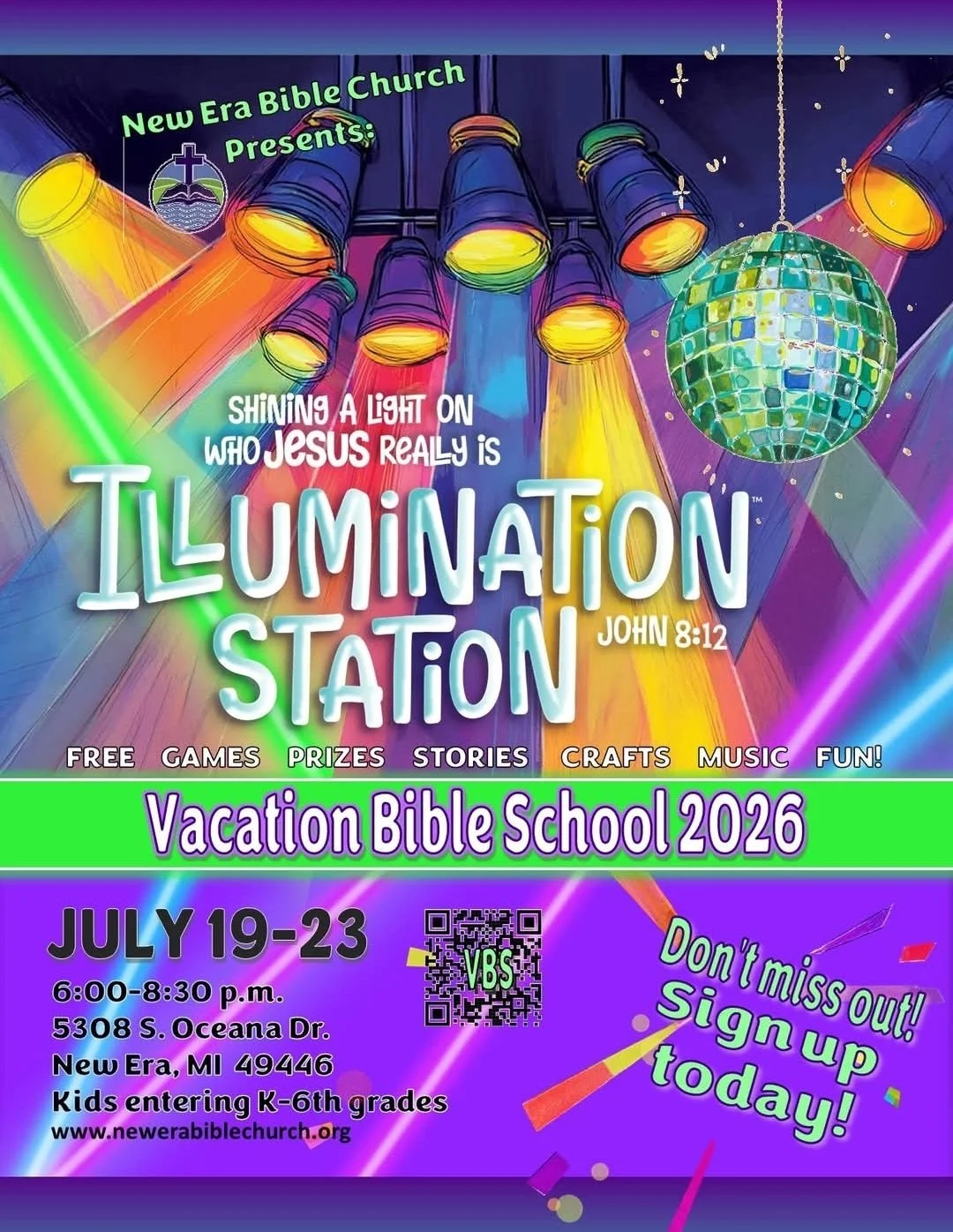 New Era Bible Church Vacation Bible School 2026 flyer for Illumination Station, July 19–23 in New Era, Michigan, featuring colorful stage lights and a disco ball