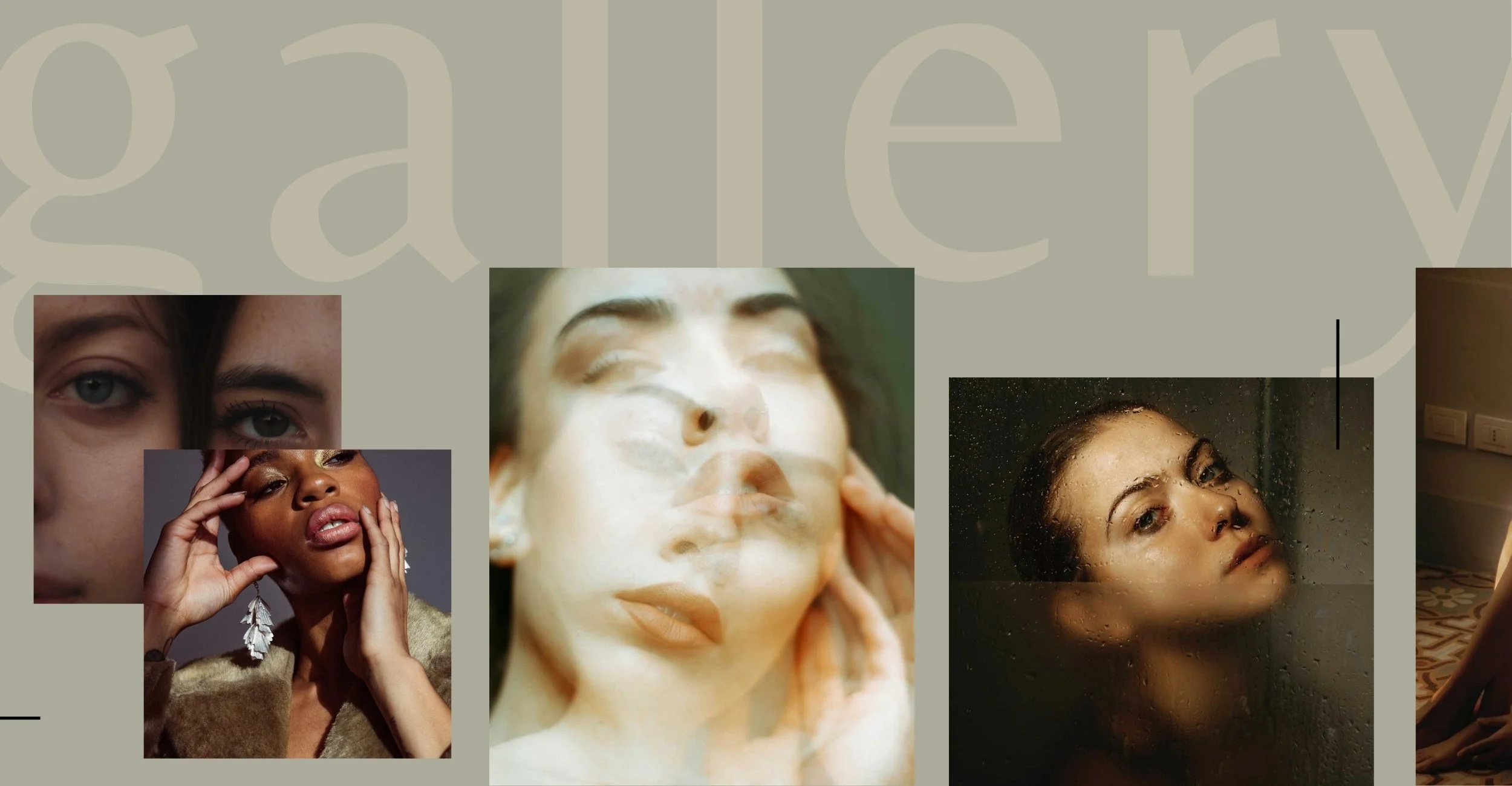 Collage of various close-up portraits of women in different poses and settings, some with water or moisture on their faces.