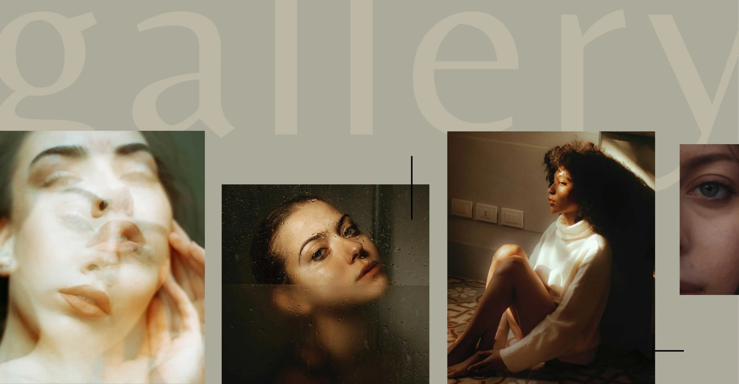 Collage of four women in different settings: one lying with a face mask, one showering, one sitting in a dimly lit room, and one close-up of an eye.