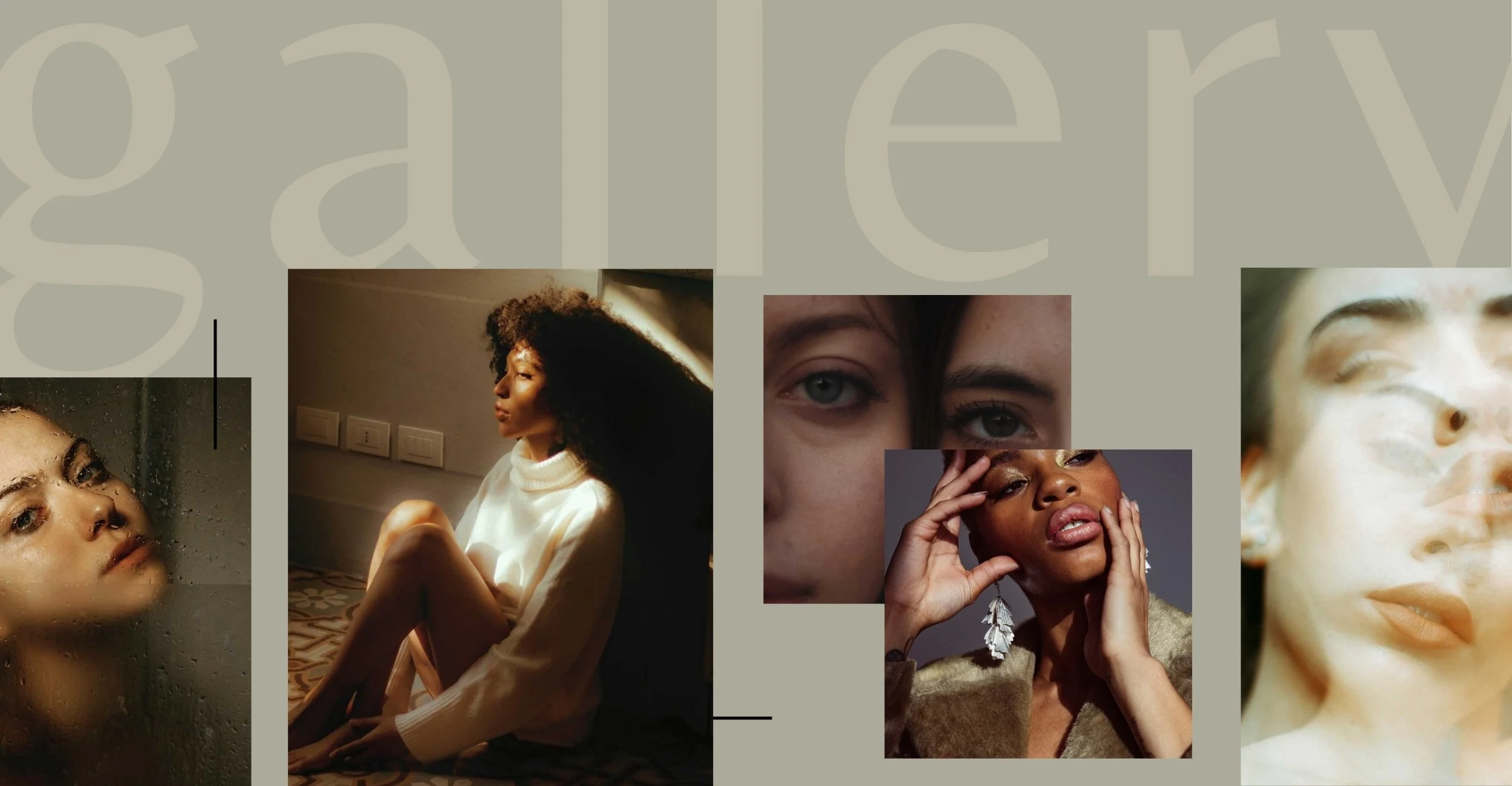 Collage of diverse women posing in different settings, close-up and profile shots, with one woman under rain and another with hands on face.