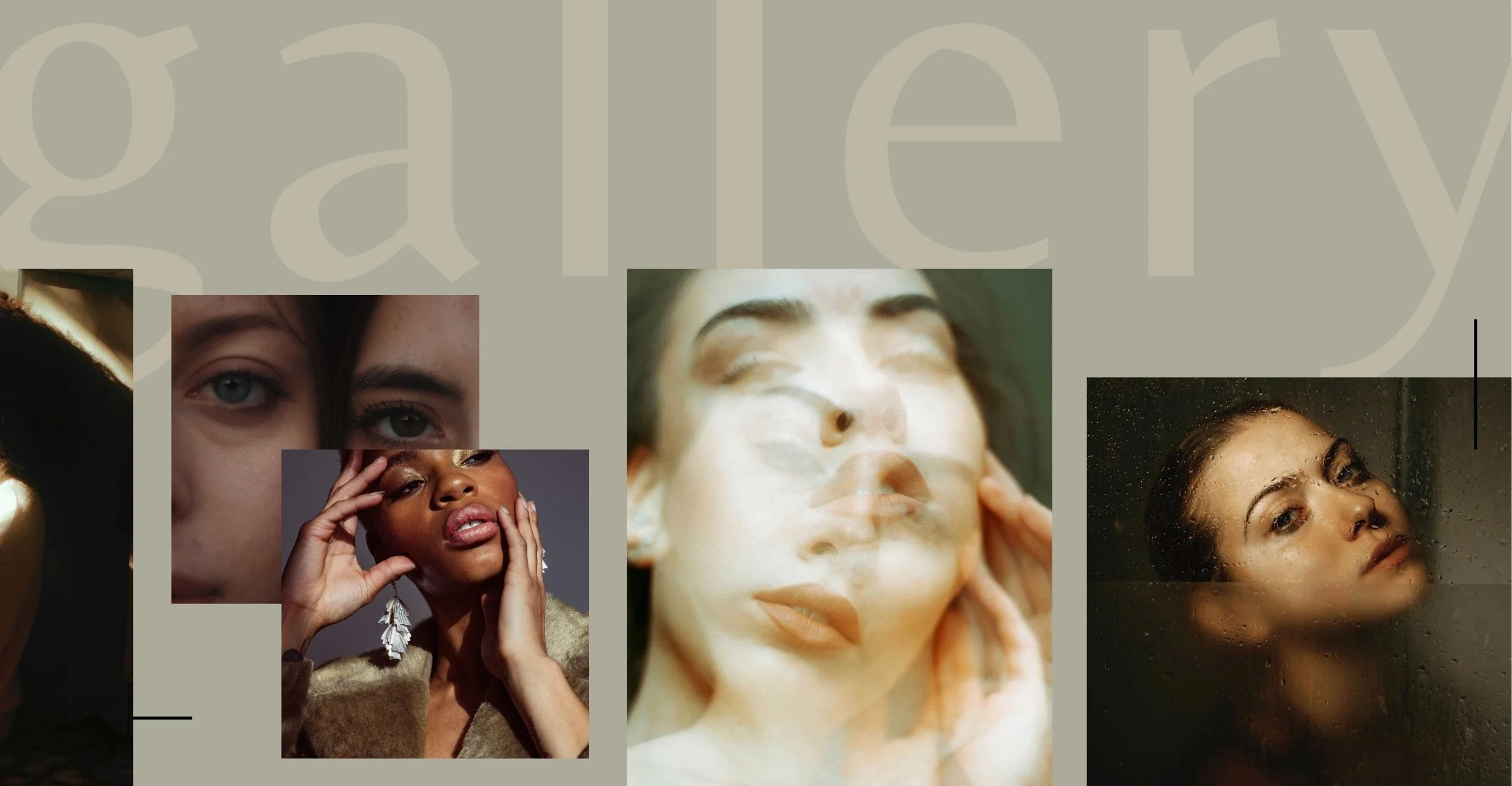 Collage of close-up portraits of diverse women with various expressions, some with eyes closed, some touching their faces, and others with wet hair or water on their faces.
