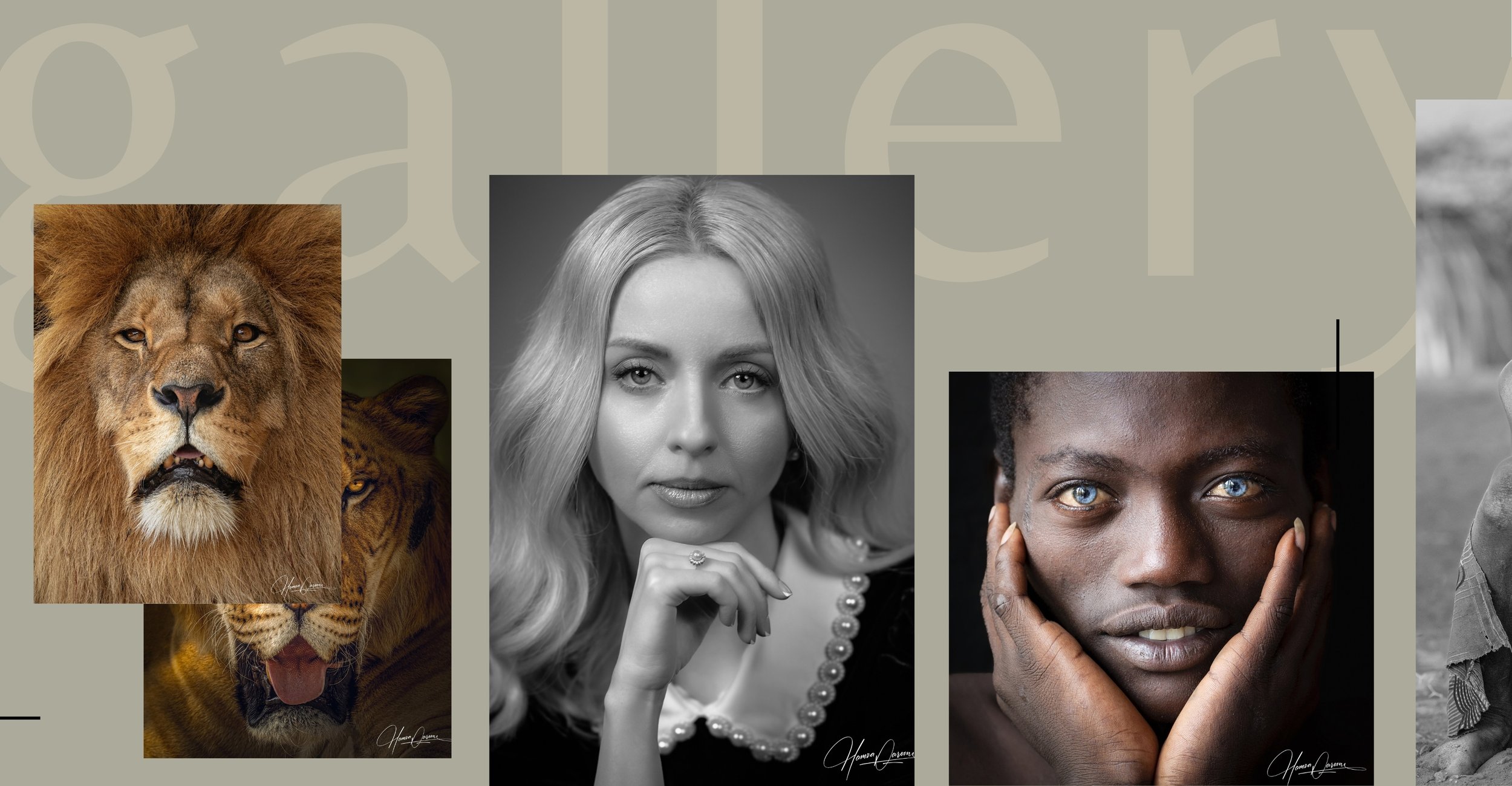 Collage of four portraits: a lion, a woman with blonde hair, a woman with dark skin and blue eyes, and a partial black and white image of a person.