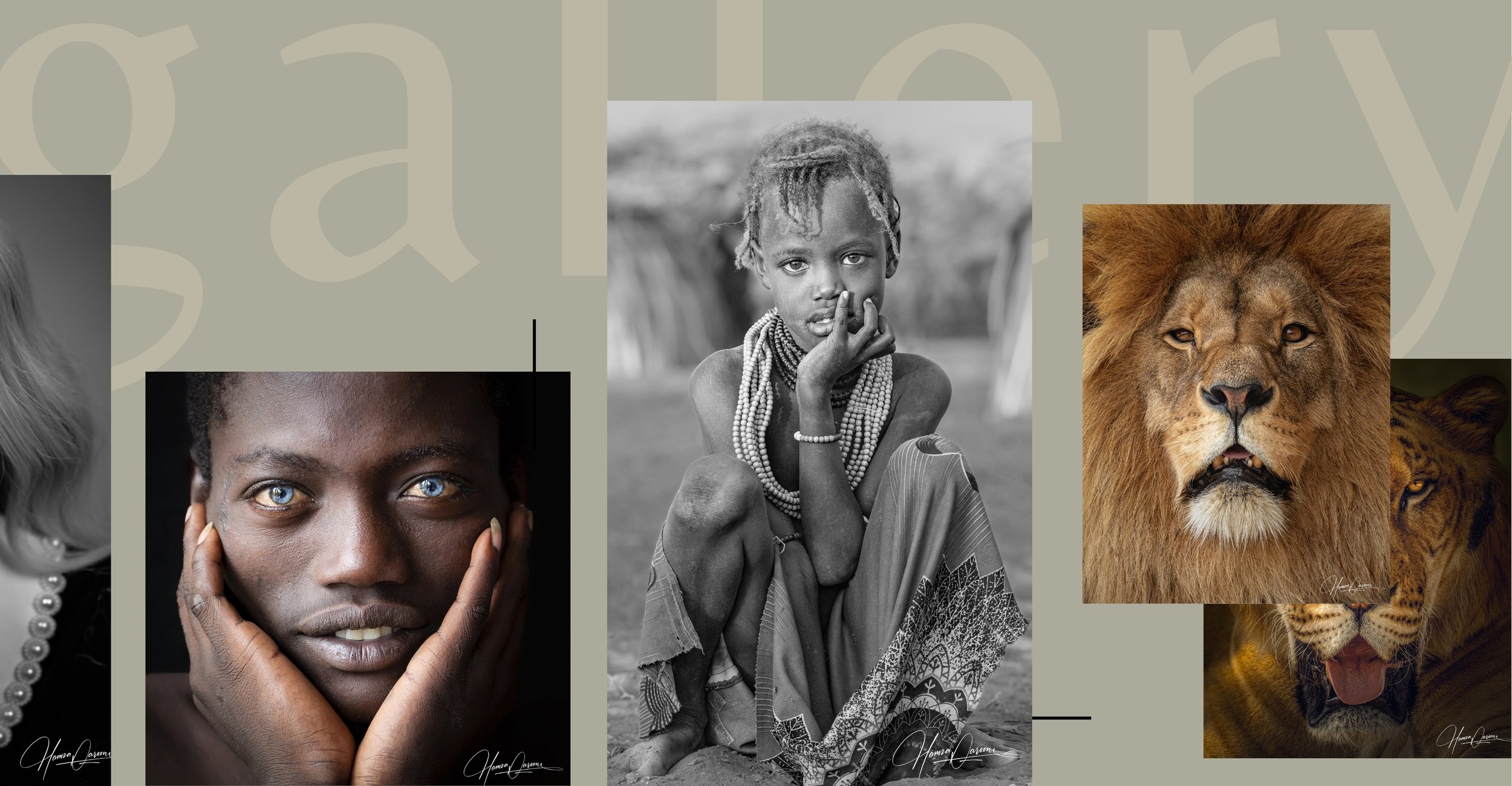 Collage of photographs featuring people, a lion, and a tiger. The central image is a black-and-white photo of a young person with beads, seated outdoors, in traditional attire. To the left, a close-up portrait of a woman with piercing blue eyes holdi