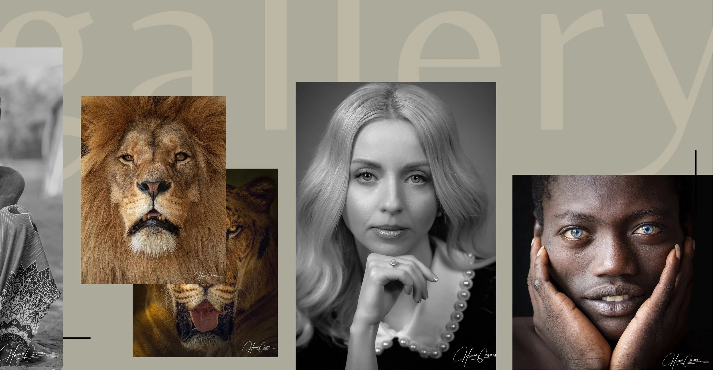 Collage of diverse portraits including a woman with light hair, an African woman with dark skin and blue eyes, and images of lions and tigers.