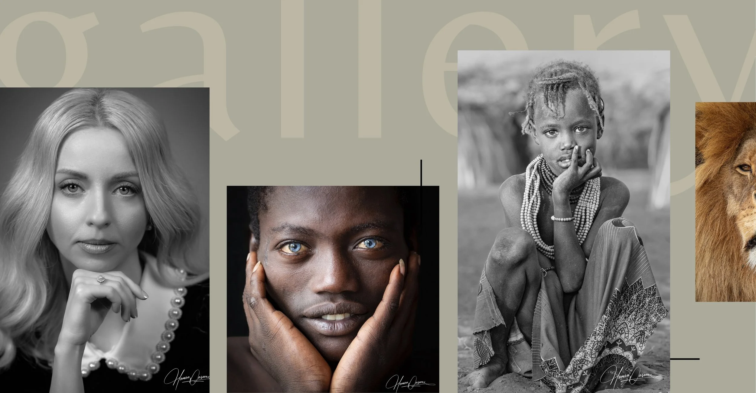 A collage of black and white and color photographs of diverse women and a lion, emphasizing different facial expressions and cultural backgrounds.