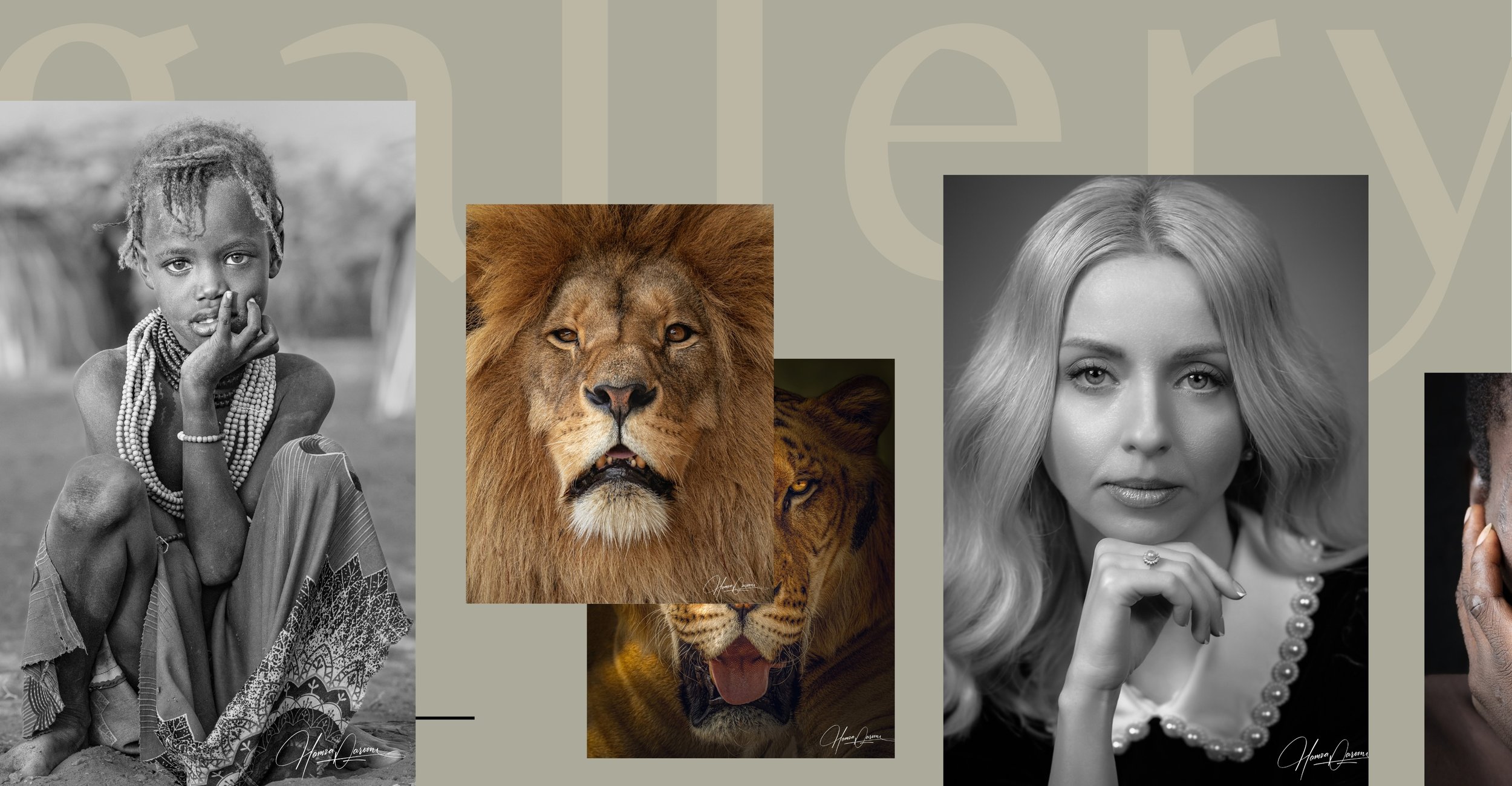 Collage of diverse portraits including a young African girl with traditional jewelry, a lion, a tiger, and a woman with light hair in black and white.