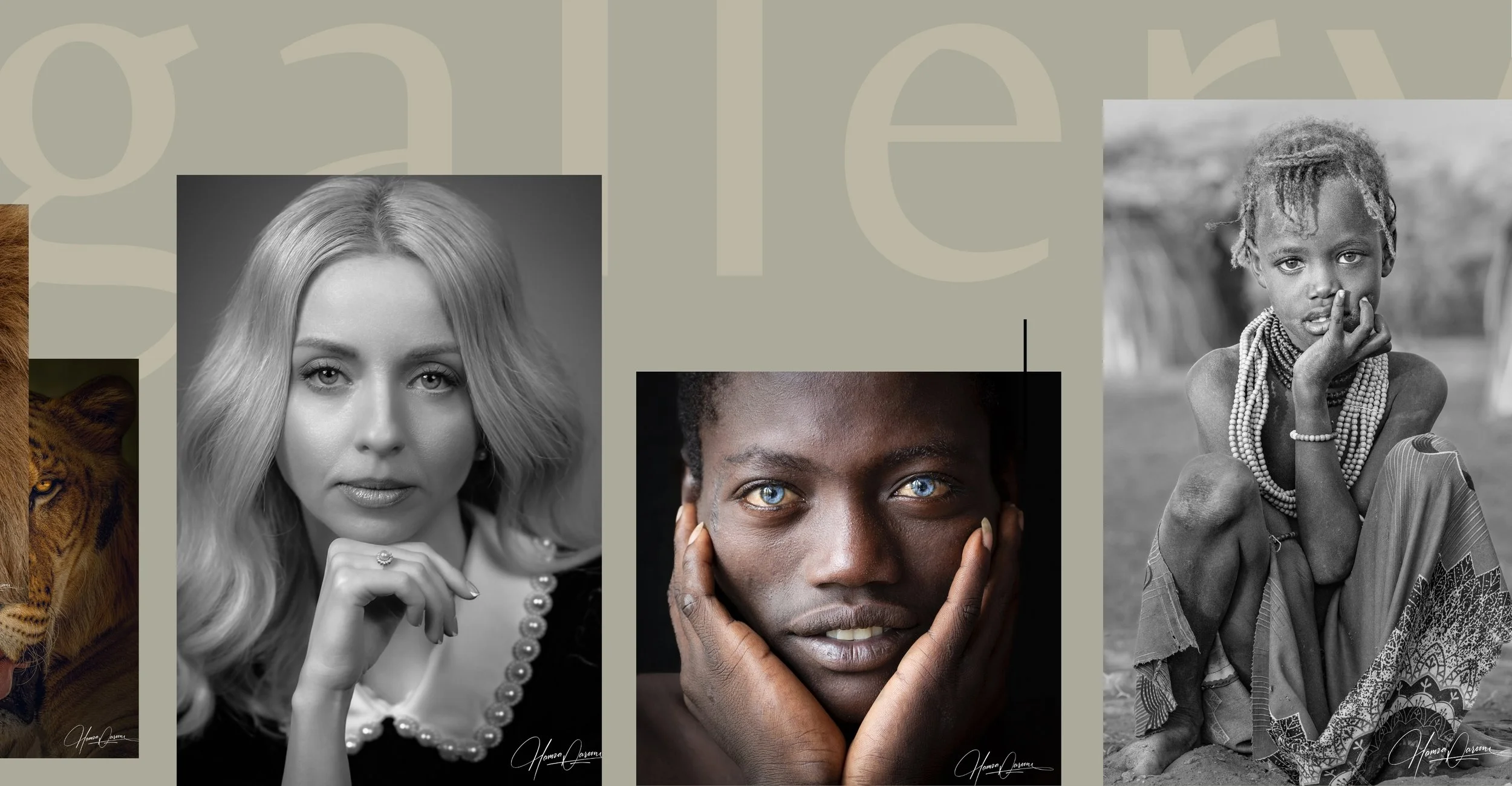 Collage of four black and white and color portraits of diverse women and a lion.