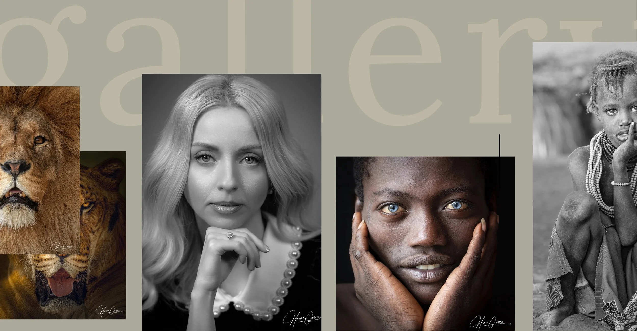 Collage of diverse portraits including a lion, a woman with blonde hair, a woman with dark skin and blue eyes, and an African girl with braided hair and traditional jewelry.