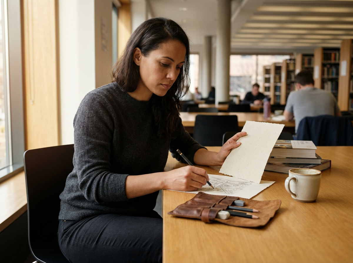 A woman sitting at a desk in a library, drawing on a piece of paper with art supplies, a cup of coffee nearby, and books stacked on the desk.
