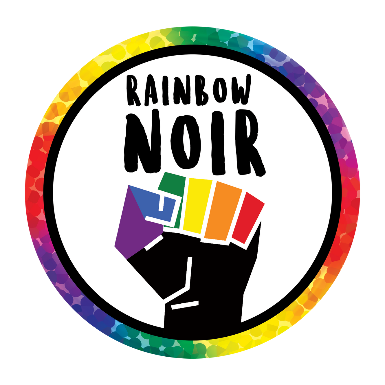 A circular logo with the words 'Rainbow Noir' at the top and an illustration of a black/rainbow coloured fist, surrounded by a multicolored rainbow border.