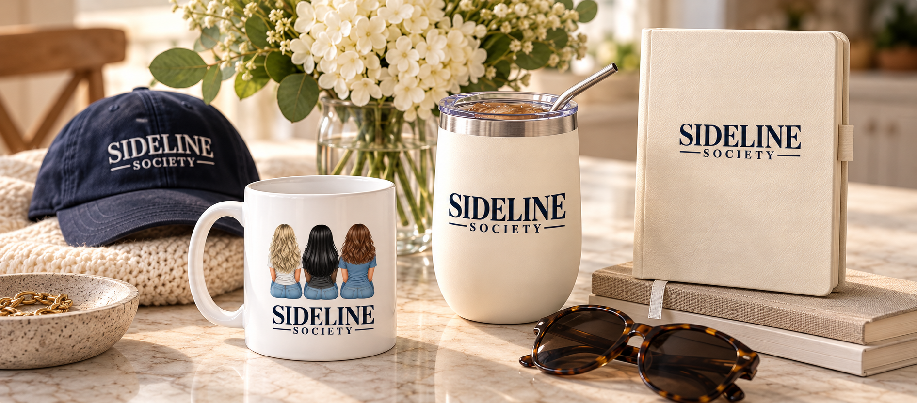 Sideline Society branded merchandise including a navy cap, illustrated coffee mug, insulated tumbler, and cream notebook, styled with flowers and sunglasses.