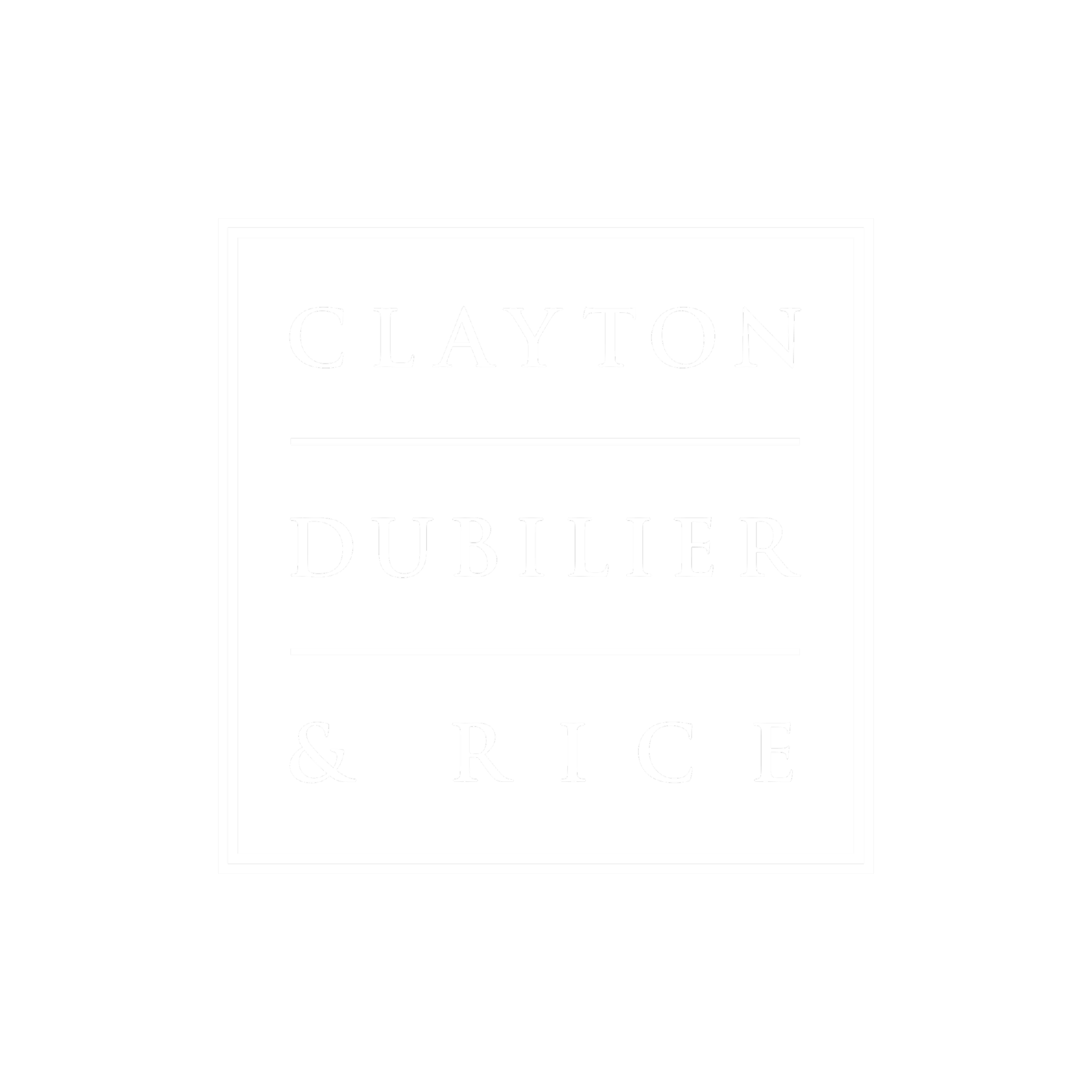 White CLAYTON DUBLIER & RICE logo on a transparent background