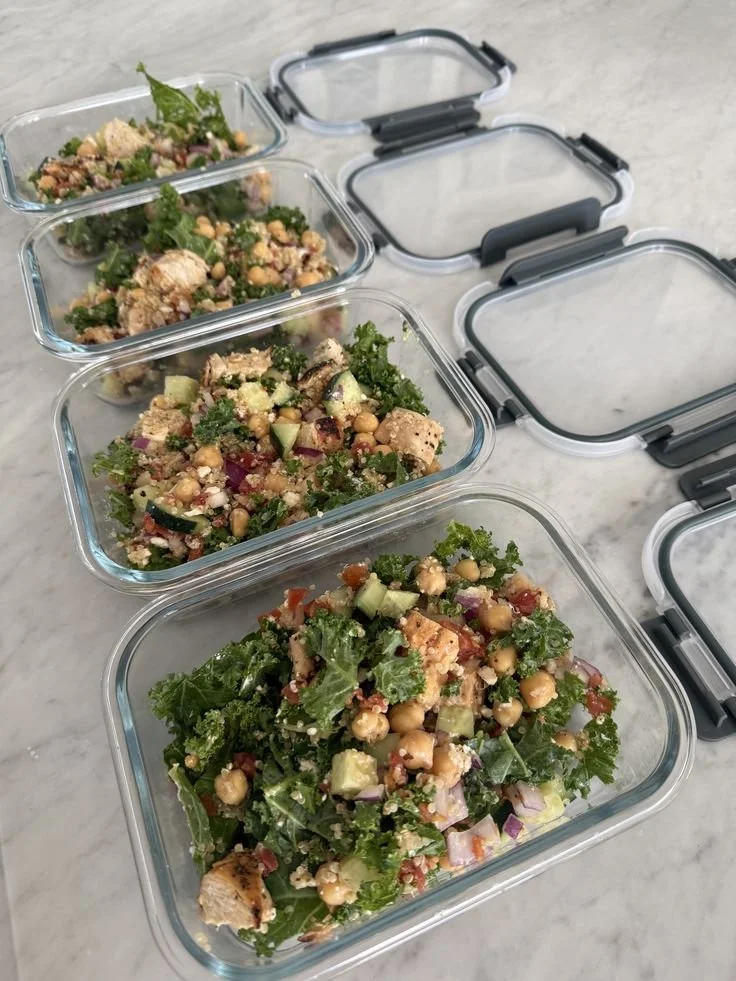 Louisville healthy meal prep containers filled with mediterranean, chickpeas, vegan. health conscious meal prep in Louisville.