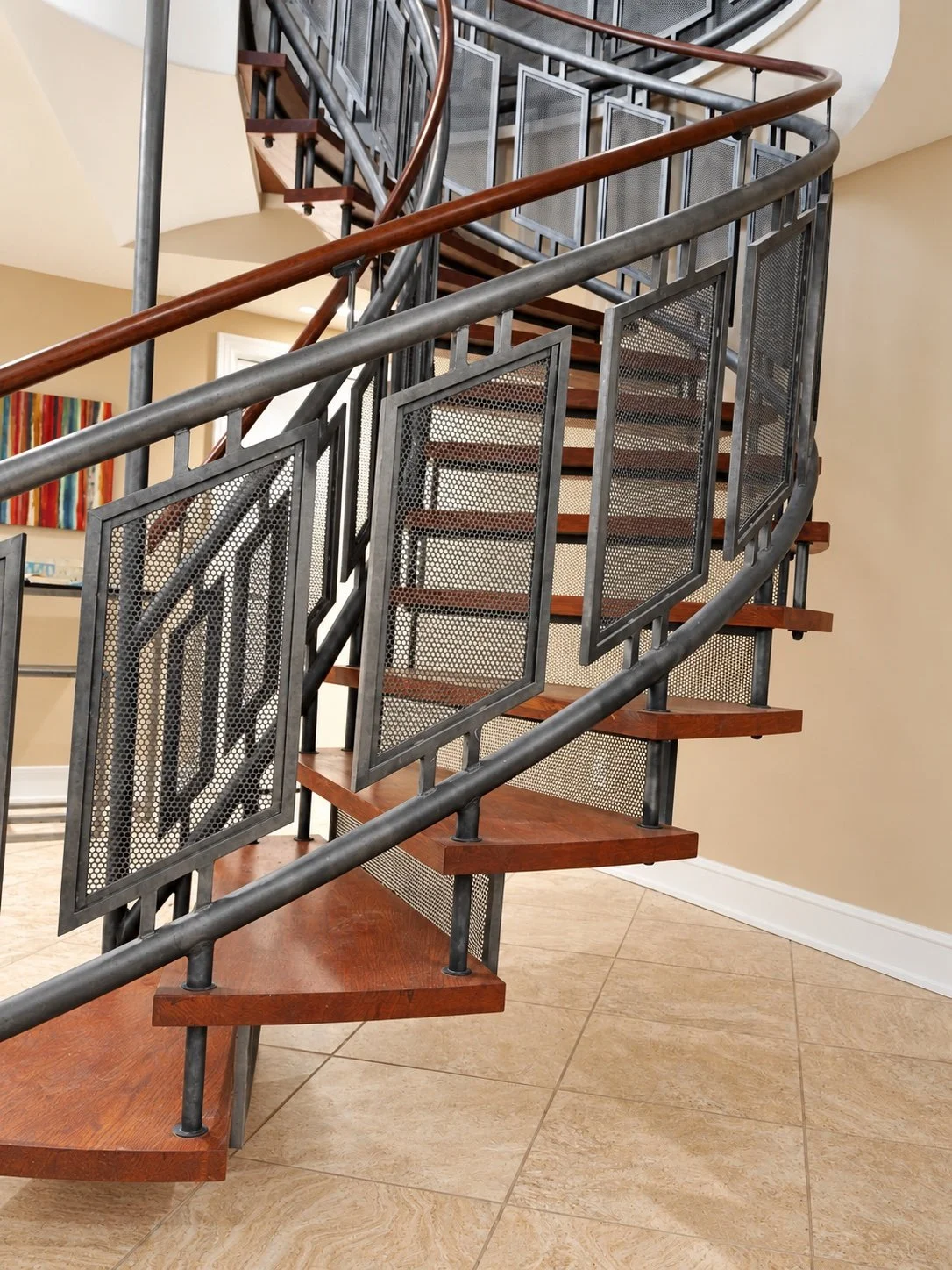 Curved mesh stair, from above at an angle