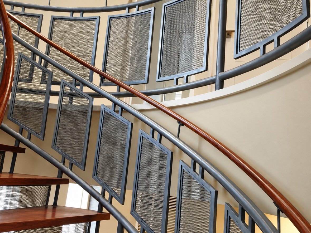 Curved mesh stair with mesh panels, looking up