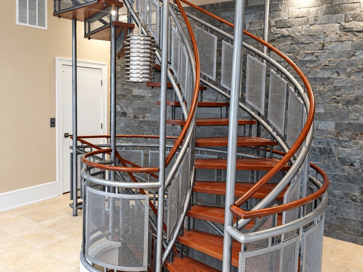 Curved mesh stair from the side