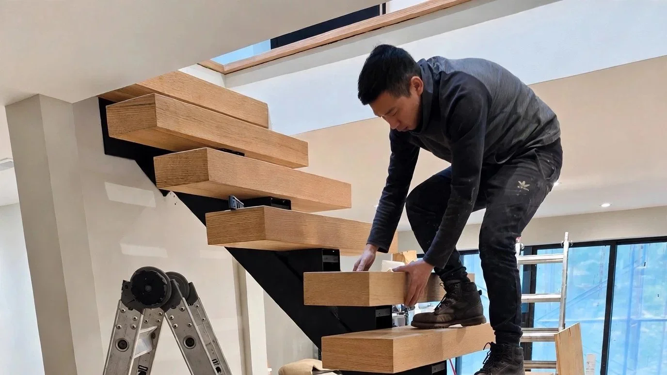 Installing treads on a floating stair