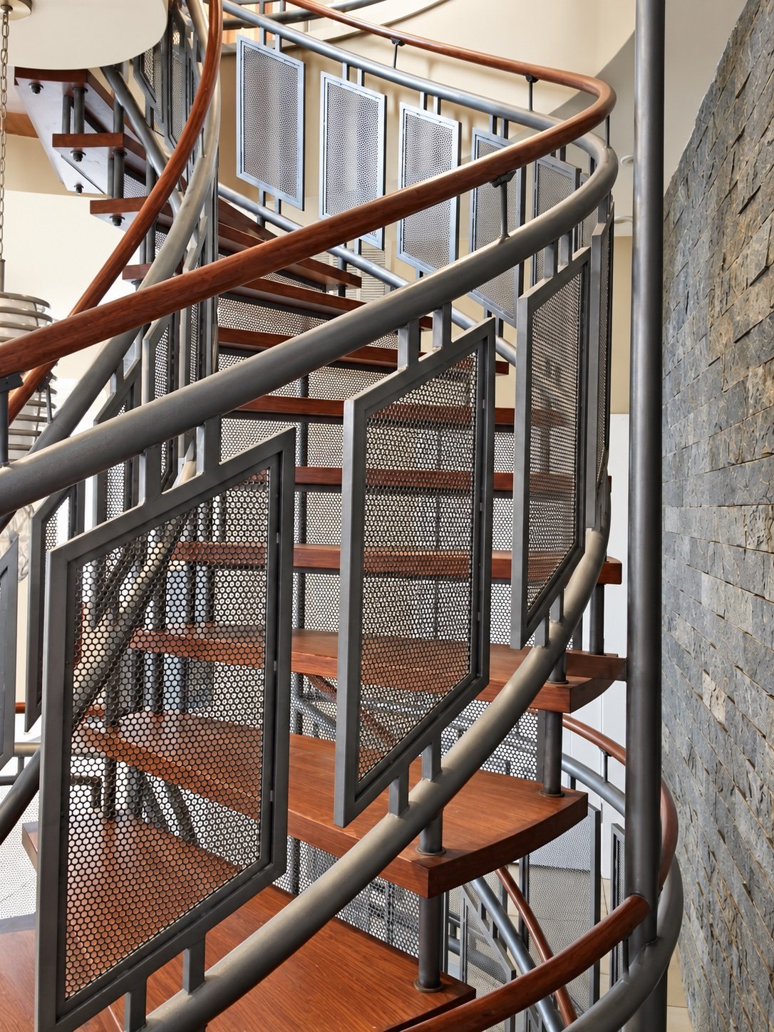 Curved mesh stair, looking up
