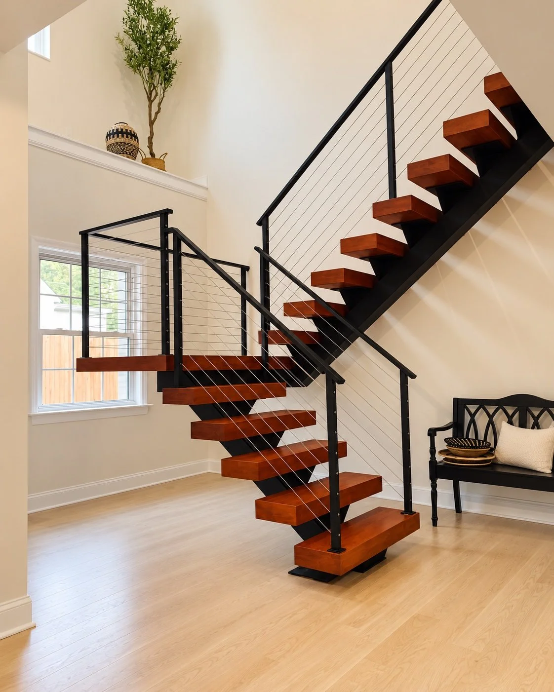 Switchback floating stair with cable railing