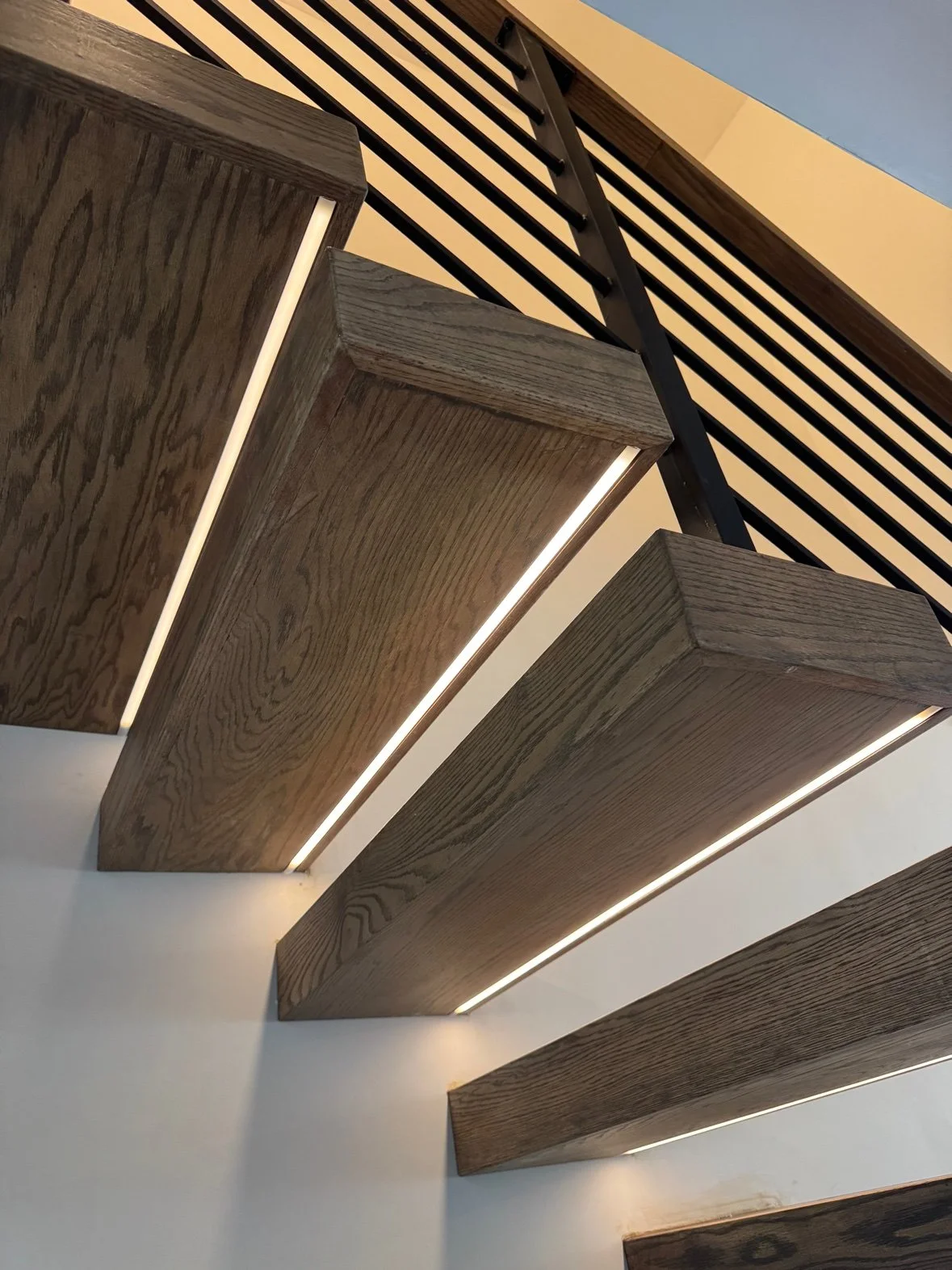 Under-tread LED lighting, close-up under the treads