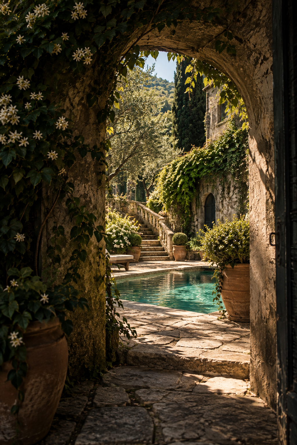 A picturesque view of a stone courtyard with a small swimming pool, surrounded by potted plants and lush greenery, seen through an arched stone doorway.