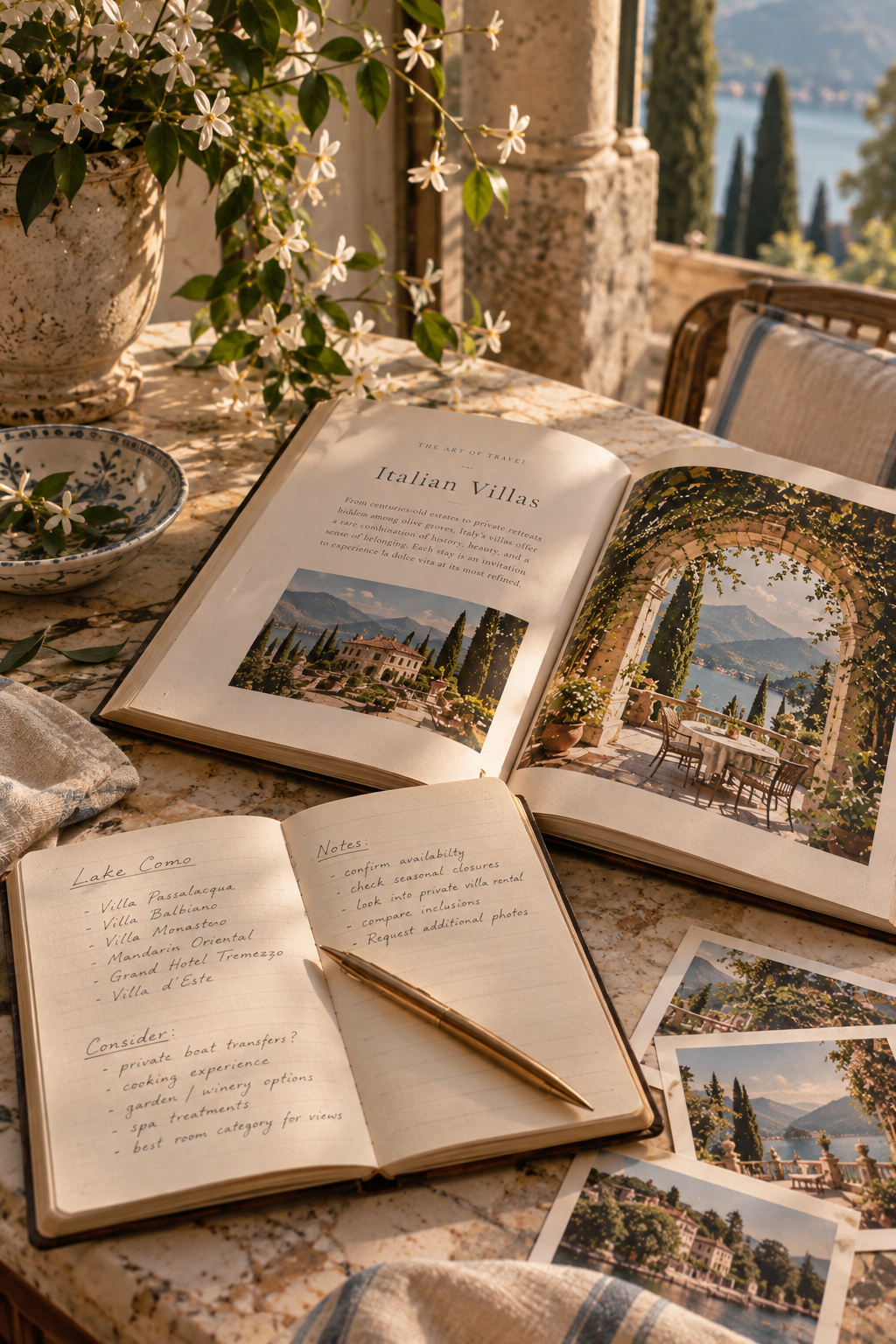 An open travel magazine displaying images of Italian villas on a marble table, accompanied by notes and a pen, with flowering plant and lakeside scenery in the background.