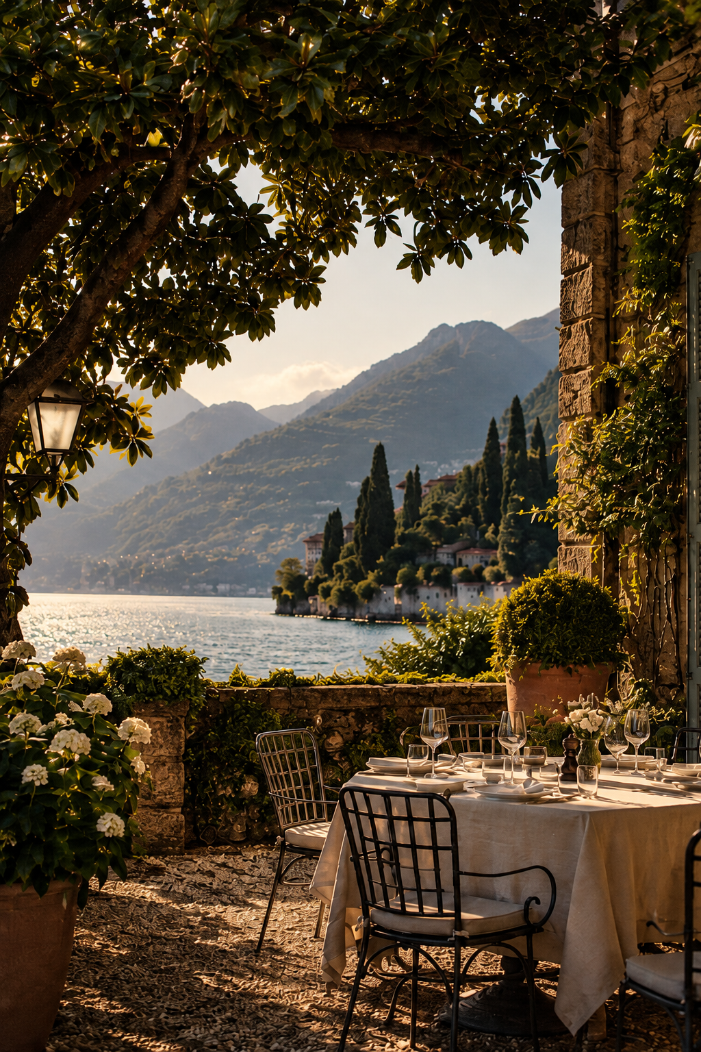 Outdoor dining table set with white tablecloth, wine glasses, and flowers overlooking a lake with mountains and trees in the background, framed by leafy trees and stone architecture