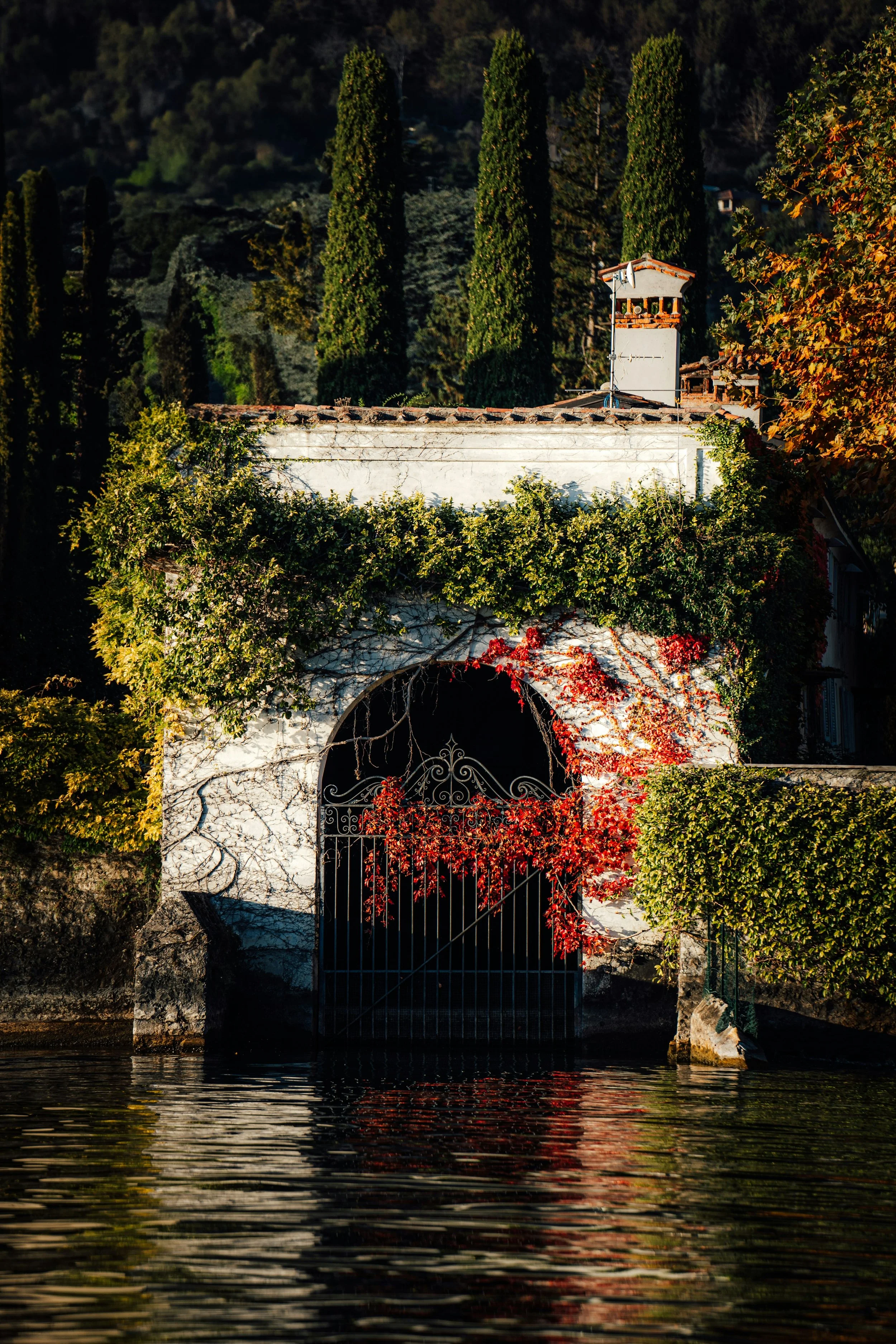 A picturesque scene of a small house with a red tiled roof and a chimney, surrounded by lush green trees, with a reflection on the water below.