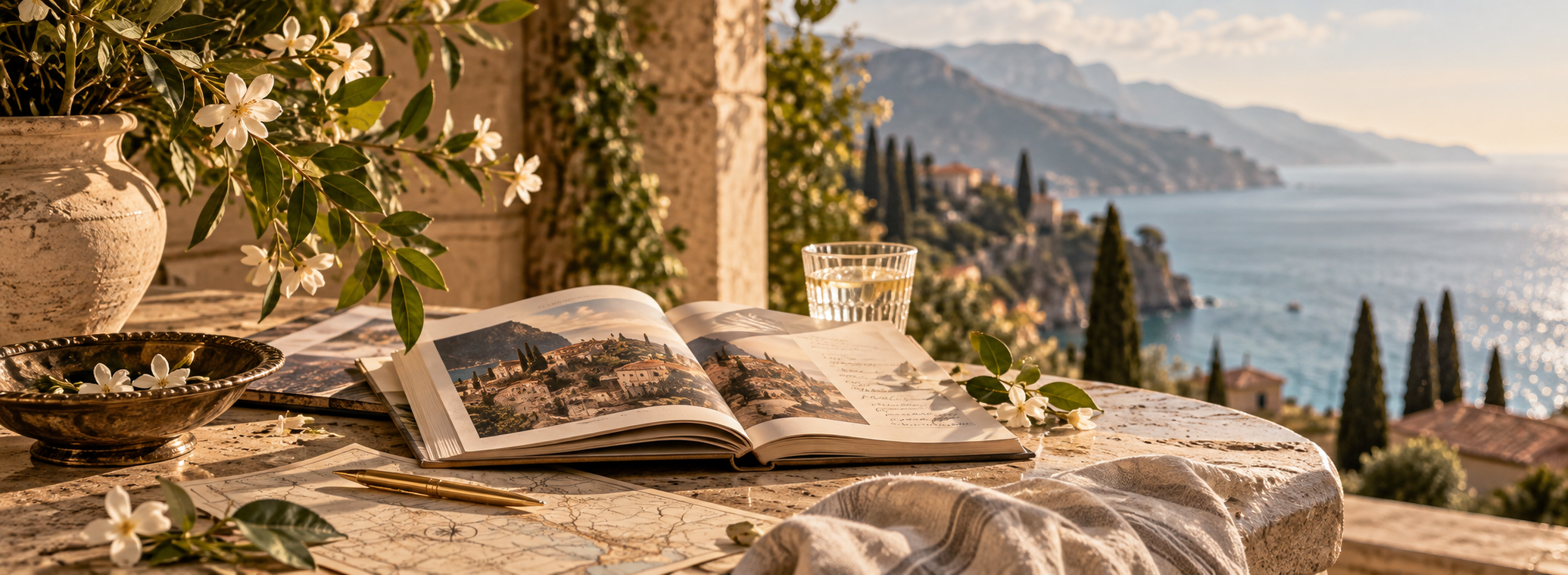 A scenic outdoor table overlooking a body of water with hills and trees in the background. The table has an open photo book, a glass of water, a gold pen, a decorative bowl with flower petals, a map, and a potted plant with white flowers.