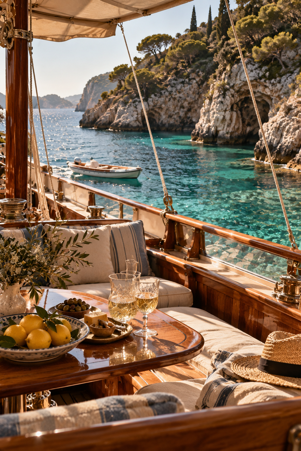 View from a boat's deck overlooking clear turquoise water, rocky cliffs with greenery, and a small boat floating nearby, with an outdoor seating area with a wooden table, glasses of white wine, fruit, and a straw hat.