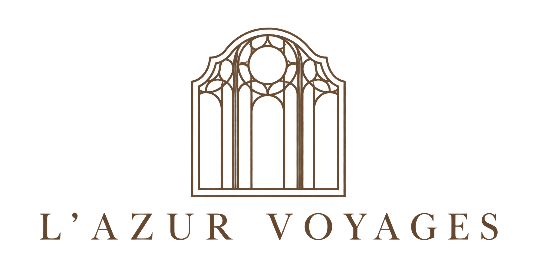 A logo featuring a stylized, ornate window with a circular design at the top and the text "L'AZUR VOYAGES" below it.