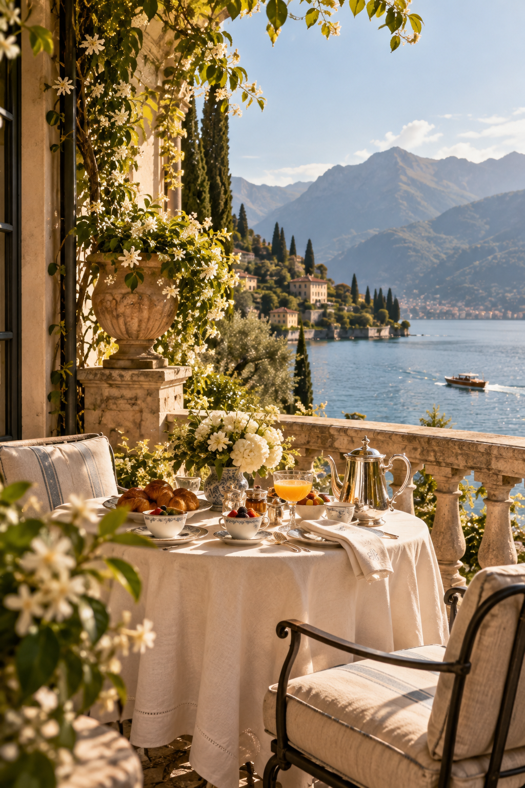 An outdoor breakfast table set on a terrace overlooking a lake with mountains in the background. The table has a white tablecloth, a vase of white flowers, bowls of fruit, pastries, a teapot, a glass of orange juice, and silverware. There are flowering plants and a large urn with climbing greenery.