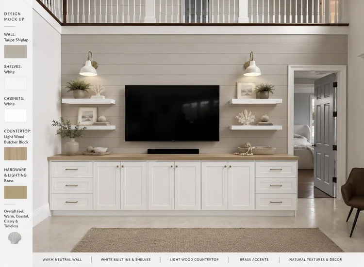 Homeowner AI design mockup: taupe shiplap wall, white cabinets and shelves, butcher block top, brass hardware
