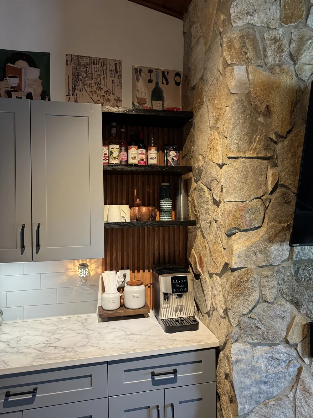 Custom Coffee Bar with Shelving and Backsplash
