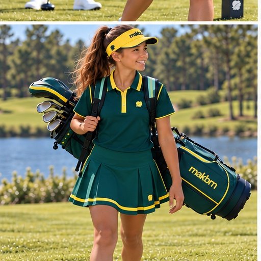 Young golfer carrying a green and yellow golf bag